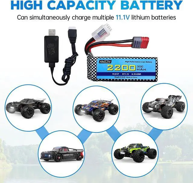Alt view image 2 of 7 - 11.1V 2200mAh 30C 3S T-Plug Lipo Battery with USB Charger for MJX H16 H16P H16E H16GT H16BM H16DR H16PL 14301 RC Car, High-Speed Drift Model Toy Car Upgraded Battery (1PCS Battery+1 USB)