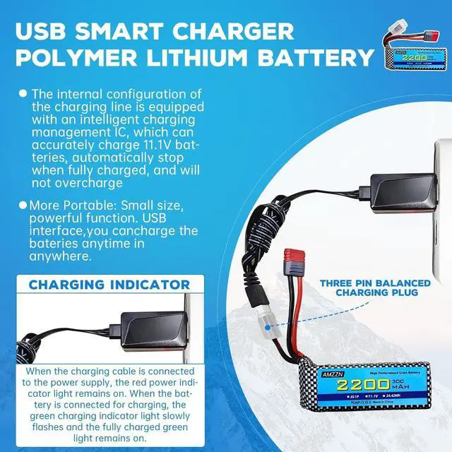 Alt view image 4 of 7 - 11.1V 2200mAh 30C 3S T-Plug Lipo Battery with USB Charger for MJX H16 H16P H16E H16GT H16BM H16DR H16PL 14301 RC Car, High-Speed Drift Model Toy Car Upgraded Battery (1PCS Battery+1 USB)