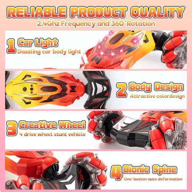 Alt view image 5 of 7 - 1:16 Scale 4WD Remote Control Gesture Sensor Car,Hand Controlled RC Stunt Car,Double-Sided Vehicle 360° Rotation with Light Spray Music, All-Terrain Monster Truck for Boys and Kids (Yellow)