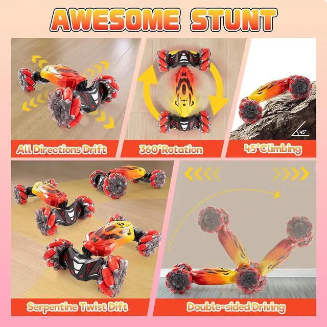 Alt view image 4 of 7 - 1:16 Scale 4WD Remote Control Gesture Sensor Car,Hand Controlled RC Stunt Car,Double-Sided Vehicle 360° Rotation with Light Spray Music, All-Terrain Monster Truck for Boys and Kids (Yellow)