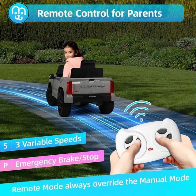 Alt view image 3 of 7 - Licensed Toyota Tundra Kids Electric Ride on Car 12V 7Ah Battery Electric Truck Trunk Remote Control Bluetooth Music MP3 Player 4 Wheel Full Suspension Gift for Boys Girls-Grey