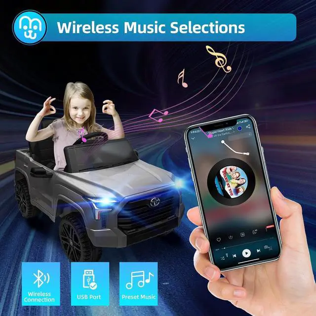 Alt view image 4 of 7 - Licensed Toyota Tundra Kids Electric Ride on Car 12V 7Ah Battery Electric Truck Trunk Remote Control Bluetooth Music MP3 Player 4 Wheel Full Suspension Gift for Boys Girls-Grey