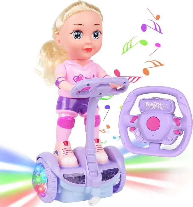 Main image of Doll Set with Remote Control Toy Electric Scooter for Kids with LED Lights Music and 360° Rotation