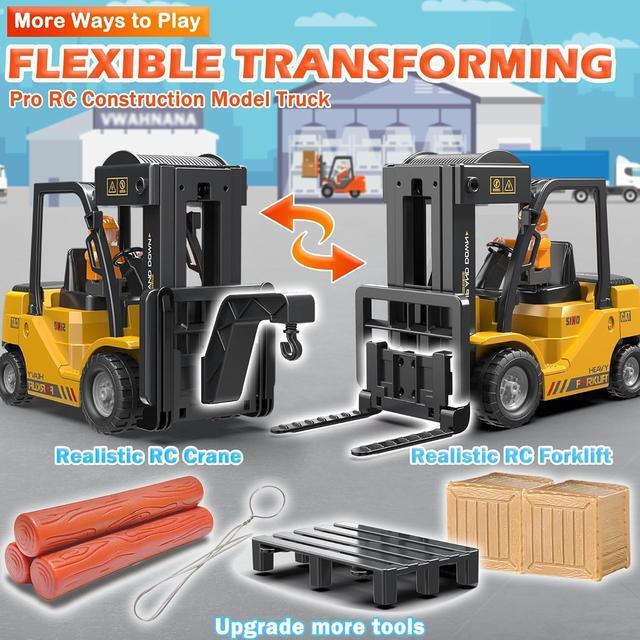 Alt view image 2 of 7 - RC Forklift Truck, 2 in 1 Transform Lift Fork & Hook, Kids Forklift Toy, 11 Channel Remote Control Forklift for Adults, 2 Battery, Spray, Light, RC Construction Vehicles Toy Gift for Kids 6+