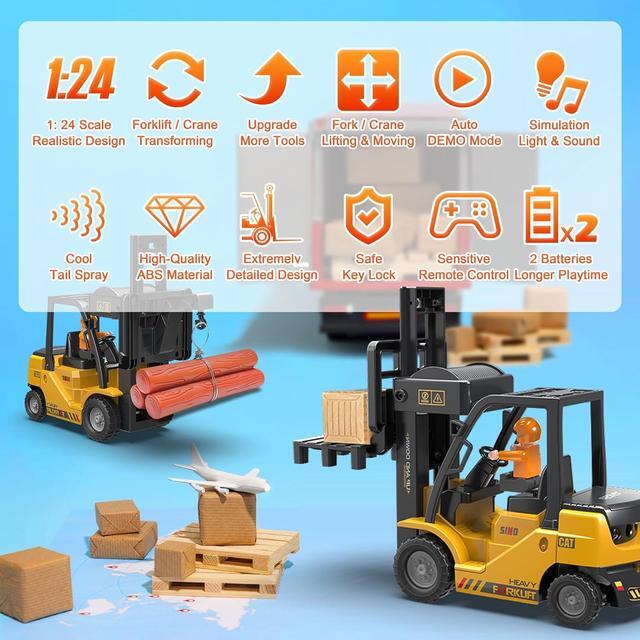 Alt view image 6 of 7 - RC Forklift Truck, 2 in 1 Transform Lift Fork & Hook, Kids Forklift Toy, 11 Channel Remote Control Forklift for Adults, 2 Battery, Spray, Light, RC Construction Vehicles Toy Gift for Kids 6+
