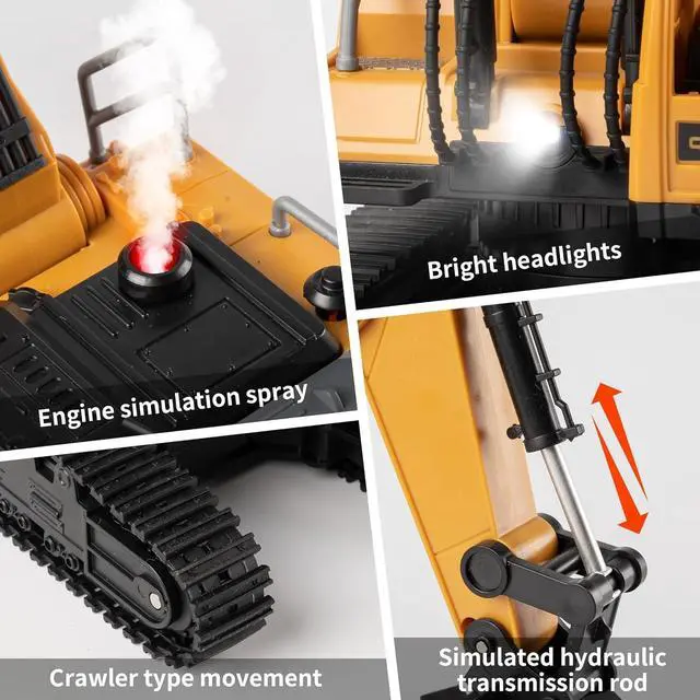 Alt view image 3 of 7 - Remote Control Excavator Toys for Boys- Movable Claw Digger Trucks with Spray & LED, 11 Channel 2.4GHz Full Function Remote Control Crane for 6-12 Year Old Kids Christmas Birthday Gift