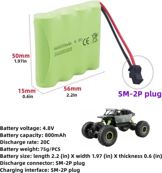 Alt view image 2 of 7 - sea jump Accessories 2PCS AA 4.8V 800mAh Rechargeable RC Toy Car Battery SM2P Plug RC Truck Stunt Car Excavator Toy Car Battery and USB Charging Cable