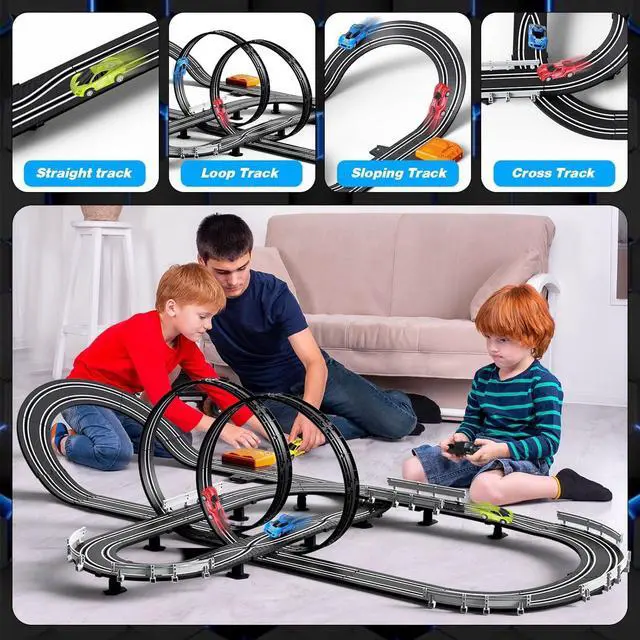 Alt view image 2 of 6 - Slot Car Race Track Sets for Boys Kids,Battery or Electric Race Car Track with 4 High-Speed Slot Cars and 2 Hand Controllers,Dual Racing Game Lap Counter Circular Overpass Track Toys Age 6 7 8-12