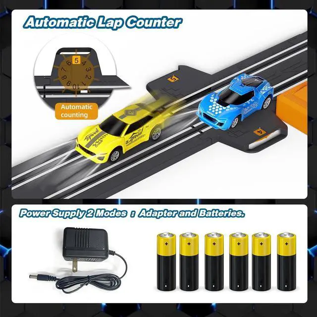 Alt view image 6 of 6 - Slot Car Race Track Sets for Boys Kids,Battery or Electric Race Car Track with 4 High-Speed Slot Cars and 2 Hand Controllers,Dual Racing Game Lap Counter Circular Overpass Track Toys Age 6 7 8-12