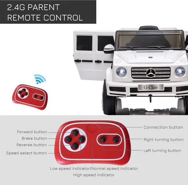 Alt view image 6 of 7 - Aosom 12V Kids Electric Car, Mercedes Benz G500 Licensed Battery Powered Ride on Truck for Kids with Remote Control, Headlights, Music, Suspension & Storage for Boys and Girls, White