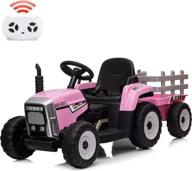 Main image of 12V Kids Battery Powered Electric Tractor with Trailer, Toddler Ride On Car w/Remote Control/ 7-LED Headlights/ 2+1 Gear Shift/ MP3 Player/USB Port for Kids 3-6 Years (Pink, 25W/ Tread Tire)