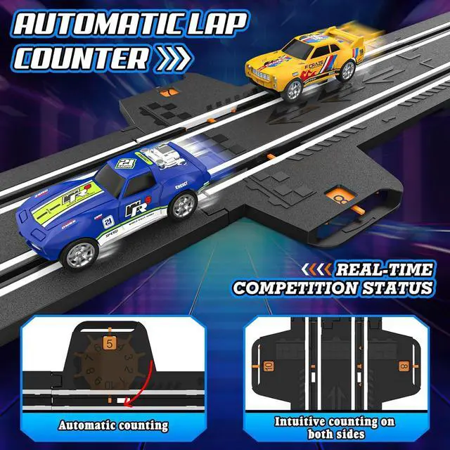 Alt view image 2 of 7 - Slot Car Race Track Sets for Boys, Race Car Track with 2 High-Speed Slot Cars, Battery or Electric Car Track, Dual Racing Game Lap Counter Track Sets, Toys Gifts for Boys Girls Ages 4 5 6 7 8-12