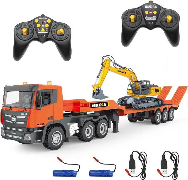 Main image of Fistone RC Semi Truck & Excavator Toy Set, 2.4Ghz Remote Control Flatbed Truck with Excavator Toys, 1:24 RC Semi-Trailer Engineering Tractor with Sound and Lights, Construction Vehicles Toy for Boys