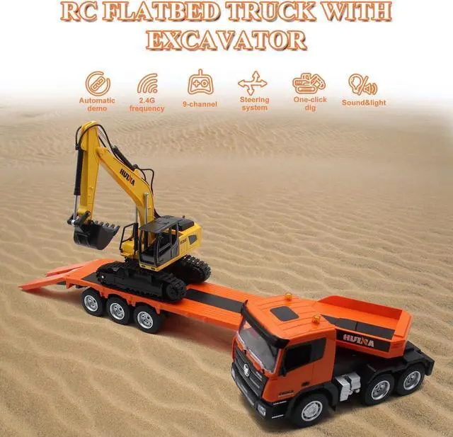 Alt view image 2 of 7 - Fistone RC Semi Truck & Excavator Toy Set, 2.4Ghz Remote Control Flatbed Truck with Excavator Toys, 1:24 RC Semi-Trailer Engineering Tractor with Sound and Lights, Construction Vehicles Toy for Boys