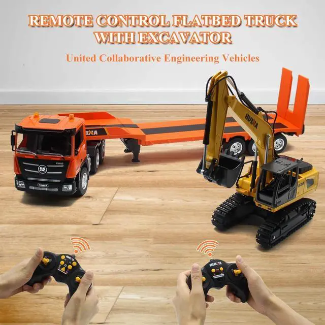 Alt view image 3 of 7 - Fistone RC Semi Truck & Excavator Toy Set, 2.4Ghz Remote Control Flatbed Truck with Excavator Toys, 1:24 RC Semi-Trailer Engineering Tractor with Sound and Lights, Construction Vehicles Toy for Boys