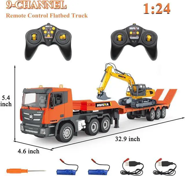 Alt view image 7 of 7 - Fistone RC Semi Truck & Excavator Toy Set, 2.4Ghz Remote Control Flatbed Truck with Excavator Toys, 1:24 RC Semi-Trailer Engineering Tractor with Sound and Lights, Construction Vehicles Toy for Boys