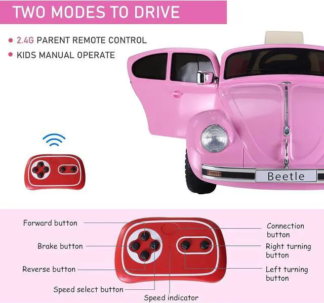 Alt view image 6 of 7 - Aosom Licensed Volkswagen Beetle Electric Kids Ride-On Car 6V Battery Powered Toy with Remote Control Music Horn Lights MP3 for 3-6 Years Old Pink
