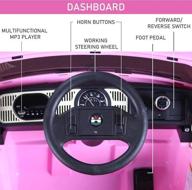 Alt view image 7 of 7 - Aosom Licensed Volkswagen Beetle Electric Kids Ride-On Car 6V Battery Powered Toy with Remote Control Music Horn Lights MP3 for 3-6 Years Old Pink