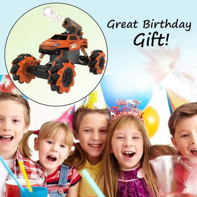 Alt view image 7 of 7 - Vaiyer RC Rechargeable, Remote Control Stunt Car for Kids w/ 2-in-1 Interchangeable Toy Bubble Blaster and Water Gun Tops, Rock Crawler Off Road Vehicle w/ 360 Degree Movement (Orange)