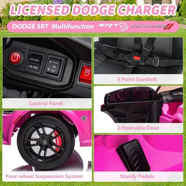Alt view image 4 of 6 - SEGMART 12V Kids Ride on Car Licensed Dodge Charger Electric Car for Kids with Remote Control, 3 Speed Kids Electric Vehicles with Suspension System, LED Light, MP3 & Bluetooth (Pink)