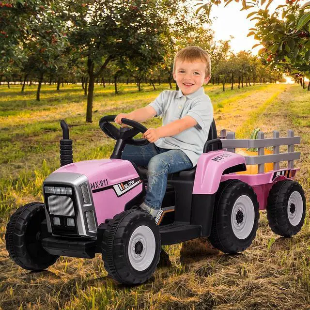Alt view image 2 of 6 - 12V Kids Battery Powered Electric Tractor with Trailer, Toddler Ride On Car w/Remote Control/ 7-LED Headlights/ 2+1 Gear Shift/ MP3 Player/USB Port for Kids 3-6 Years (Pink, 25W/ Tread Tire)
