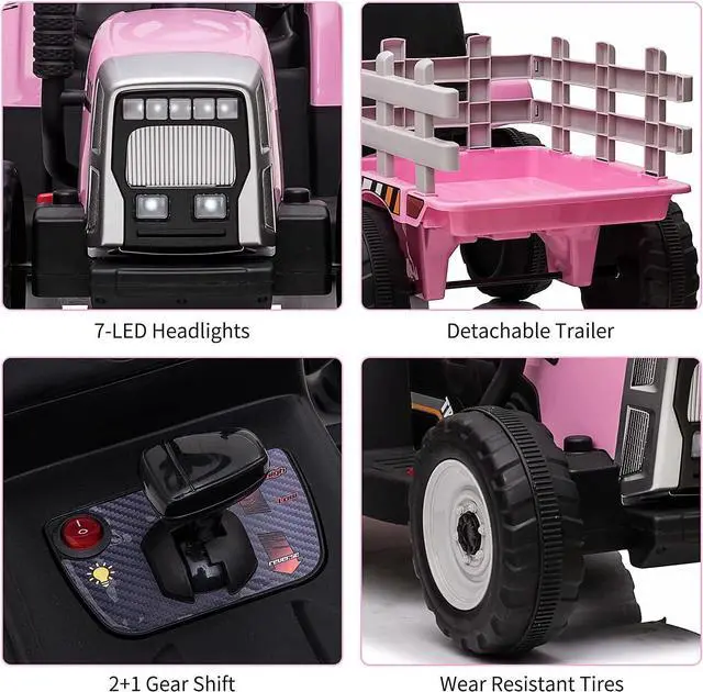 Alt view image 4 of 6 - 12V Kids Battery Powered Electric Tractor with Trailer, Toddler Ride On Car w/Remote Control/ 7-LED Headlights/ 2+1 Gear Shift/ MP3 Player/USB Port for Kids 3-6 Years (Pink, 25W/ Tread Tire)