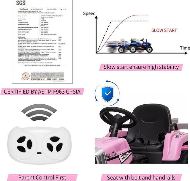 Alt view image 5 of 6 - 12V Kids Battery Powered Electric Tractor with Trailer, Toddler Ride On Car w/Remote Control/ 7-LED Headlights/ 2+1 Gear Shift/ MP3 Player/USB Port for Kids 3-6 Years (Pink, 25W/ Tread Tire)