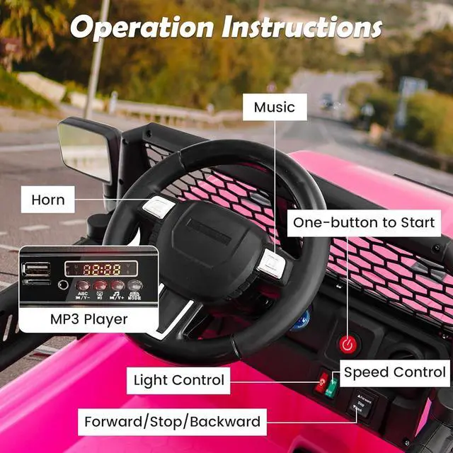 Alt view image 2 of 7 - Costzon Ride on Car, 12V Battery Powered Truck Vehicle with Remote Control, Spring Suspension, Headlights, Music, Horn, MP3, USB & Aux Port, Gift for Boys Girls, Electric Car for Kids (Pink)