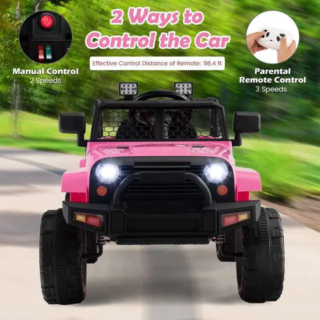 Alt view image 5 of 7 - Costzon Ride on Car, 12V Battery Powered Truck Vehicle with Remote Control, Spring Suspension, Headlights, Music, Horn, MP3, USB & Aux Port, Gift for Boys Girls, Electric Car for Kids (Pink)