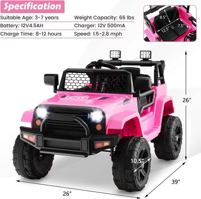 Alt view image 7 of 7 - Costzon Ride on Car, 12V Battery Powered Truck Vehicle with Remote Control, Spring Suspension, Headlights, Music, Horn, MP3, USB & Aux Port, Gift for Boys Girls, Electric Car for Kids (Pink)
