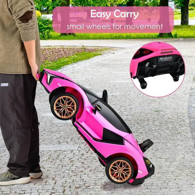 Alt view image 6 of 7 - OLAKIDS Kids 12V Licensed Lamborghini SIAN Ride On Car, Electric Vehicle for Toddler with Control Remote, Battery Powered Toy with Music, Horn, 2 Speeds, Suspension, LED Lights, Bluetooth, USB (Pink)