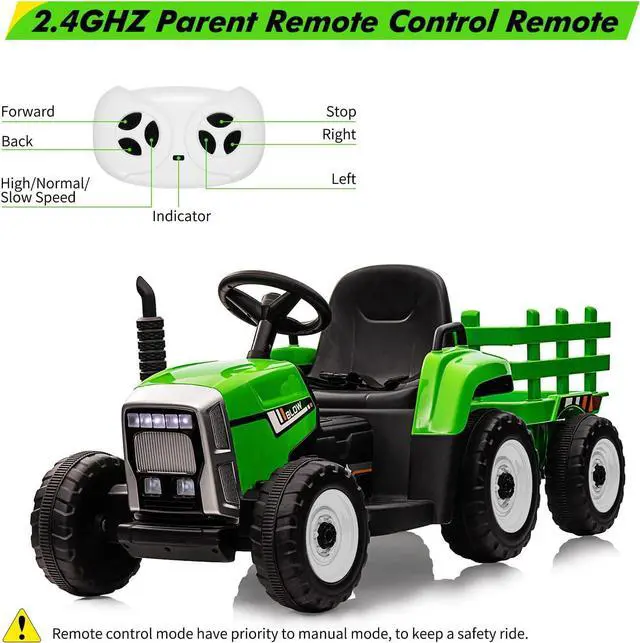 Alt view image 3 of 6 - 12V Ride on Tractor with Trailer and Remote Control,Toddler Kids Electric Vehicle Car with LED Headlights,2+1 Gear Shift,MP3 Player,USB,Speed Up to 5mph (25W,Tread Tire,Green)