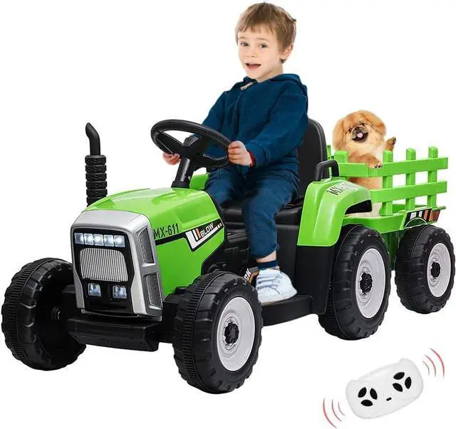 Main image of 12V Ride on Tractor with Trailer and Remote Control,Toddler Kids Electric Vehicle Car with LED Headlights,2+1 Gear Shift,MP3 Player,USB,Speed Up to 5mph (25W,Tread Tire,Green)