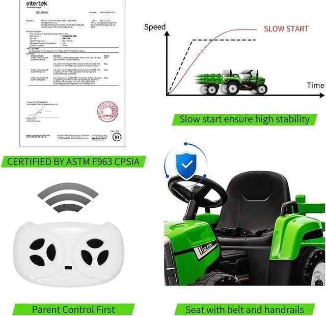 Alt view image 4 of 6 - 12V Ride on Tractor with Trailer and Remote Control,Toddler Kids Electric Vehicle Car with LED Headlights,2+1 Gear Shift,MP3 Player,USB,Speed Up to 5mph (25W,Tread Tire,Green)