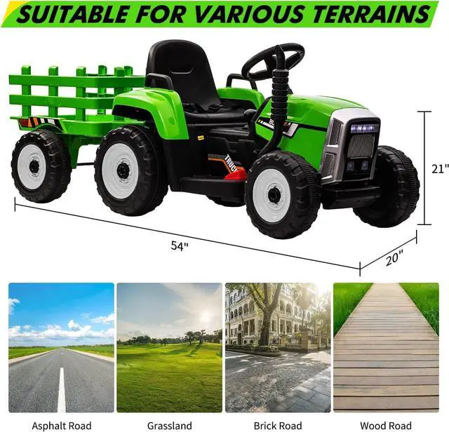Alt view image 5 of 6 - 12V Ride on Tractor with Trailer and Remote Control,Toddler Kids Electric Vehicle Car with LED Headlights,2+1 Gear Shift,MP3 Player,USB,Speed Up to 5mph (25W,Tread Tire,Green)