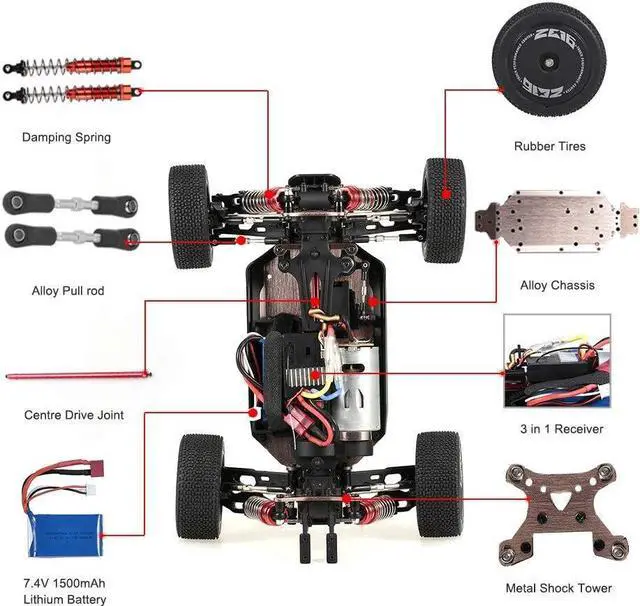 Alt view image 5 of 7 - GoolRC WLtoys 144001 RC Car, 4WD 2.4GHz 60km/h High Speed Remote Control Car Off-Road RC Trucks, 1:14 Scale RC Buggy with RTR Aluminum Alloy Chassis 550 Motor Gifts for Adults