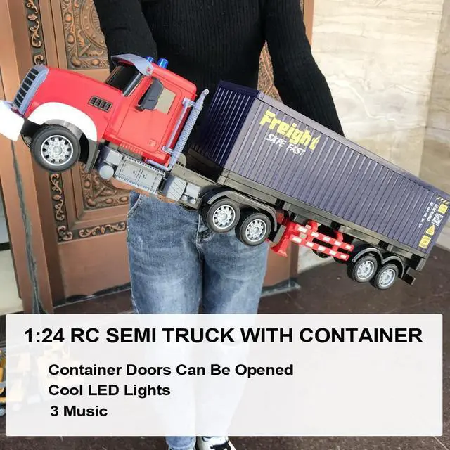 Alt view image 2 of 6 - RC Semi Truck with Trailer - 22.5 Inch Semi Truck Toy for Kids, Carrier Van Transport Vehicle with 2 Rechargeable Batteries, 1:24 Container Truck with LED Lights & Music, Great Gift For Boys Girls