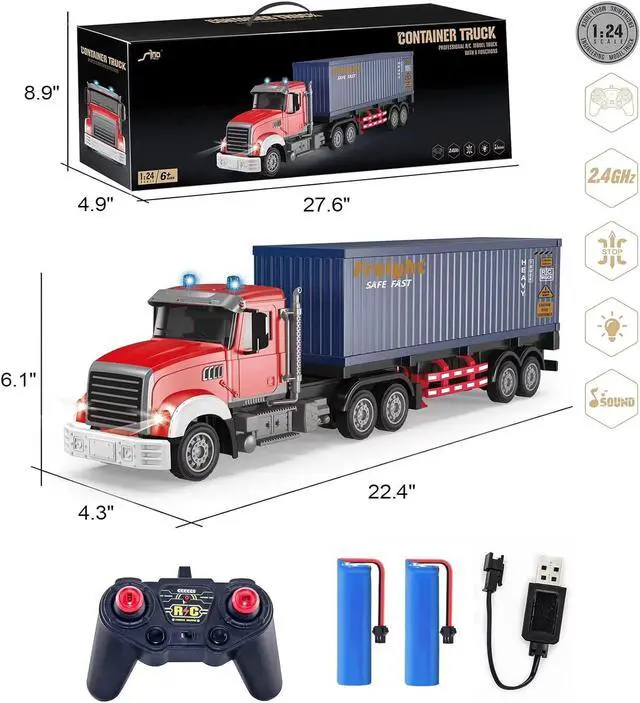 Alt view image 6 of 6 - RC Semi Truck with Trailer - 22.5 Inch Semi Truck Toy for Kids, Carrier Van Transport Vehicle with 2 Rechargeable Batteries, 1:24 Container Truck with LED Lights & Music, Great Gift For Boys Girls