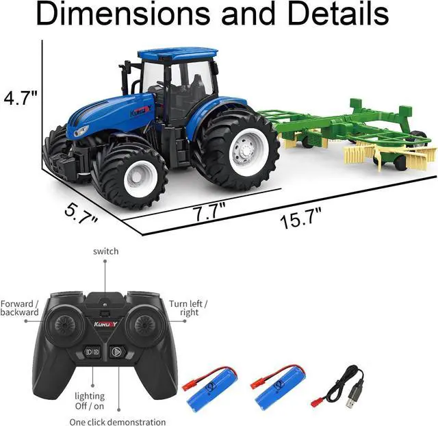 Alt view image 5 of 5 - RC Truck Farm Tractor with 2 Rechargeable Batteries - 2.4G 1/24 High Simulation Construction Vehicle with Dual Rotary Swath WindrowerRemote Control Toy with Lights, Hobby Model Toys for Kids 3-6