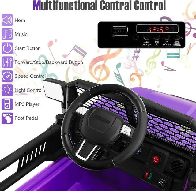 Alt view image 3 of 7 - HONEY JOY Ride On Truck, 12V Battery Powered Vehicle Ride On Car with Remote Control, Spring Suspension, Headlights, Music, Mesh Windshield, Electric Cars for Kids, Gift for Boys Girls 3+(Purple)
