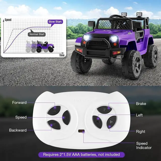 Alt view image 2 of 7 - HONEY JOY Ride On Truck, 12V Battery Powered Vehicle Ride On Car with Remote Control, Spring Suspension, Headlights, Music, Mesh Windshield, Electric Cars for Kids, Gift for Boys Girls 3+(Purple)
