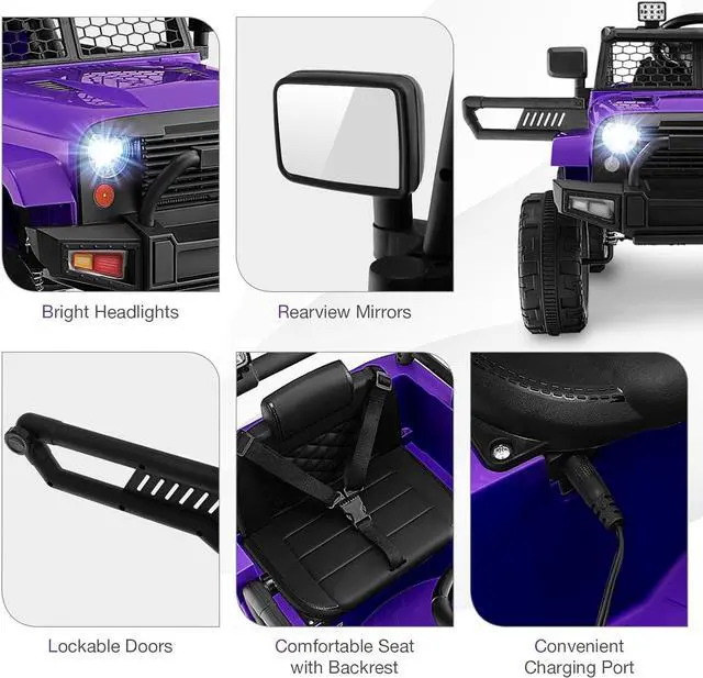 Alt view image 5 of 7 - HONEY JOY Ride On Truck, 12V Battery Powered Vehicle Ride On Car with Remote Control, Spring Suspension, Headlights, Music, Mesh Windshield, Electric Cars for Kids, Gift for Boys Girls 3+(Purple)