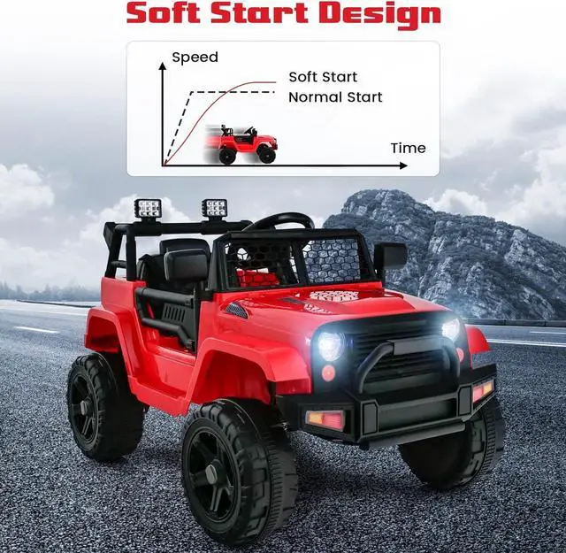 Alt view image 7 of 7 - OLAKIDS Kids Ride On Truck, 12V Electric Vehicle Jeep Car with Remote Control, Toddlers Battery Powered Toy with 2 Speeds, Spring Suspension, Double Open Doors, LED Lights, Music, TF,USB, Mp3 (Garnet)