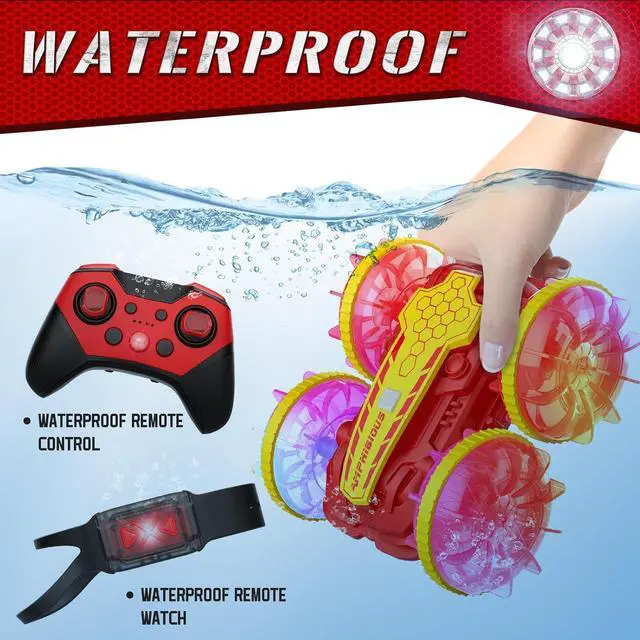 Alt view image 2 of 7 - Amphibious RC Car with Lights for Kids 6-12 Year Old Gesture Sensor RC Stunt Cars Boat 4WD 2.4GHz Waterproof Hand Controlled Remote Control Car 360° Rotating Water Beach Pool Toys Gift for Boys Girls