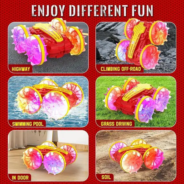 Alt view image 6 of 7 - Amphibious RC Car with Lights for Kids 6-12 Year Old Gesture Sensor RC Stunt Cars Boat 4WD 2.4GHz Waterproof Hand Controlled Remote Control Car 360° Rotating Water Beach Pool Toys Gift for Boys Girls
