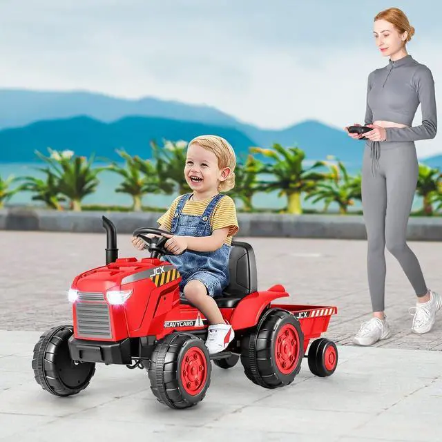 Alt view image 2 of 7 - Costzon 2-in-1 Ride On Tractor, 12V Kids Ride on Car w/Detachable Trailer, Remote Control, Wireless Connection, Horn, Music, Lights, Spring Suspensions, Tractor Toys for Kids 3-8 (Red)