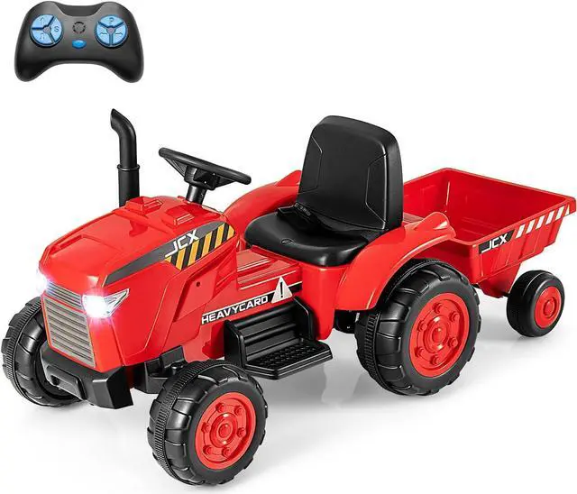 Main image of Costzon 2-in-1 Ride On Tractor, 12V Kids Ride on Car w/Detachable Trailer, Remote Control, Wireless Connection, Horn, Music, Lights, Spring Suspensions, Tractor Toys for Kids 3-8 (Red)
