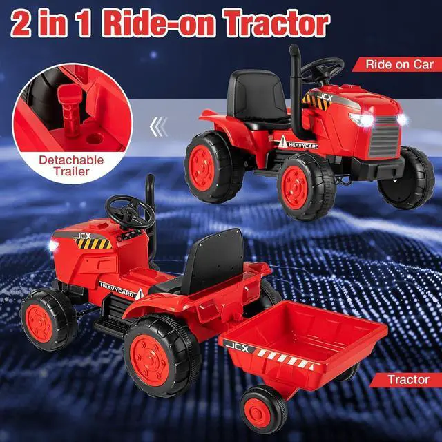 Alt view image 3 of 7 - Costzon 2-in-1 Ride On Tractor, 12V Kids Ride on Car w/Detachable Trailer, Remote Control, Wireless Connection, Horn, Music, Lights, Spring Suspensions, Tractor Toys for Kids 3-8 (Red)
