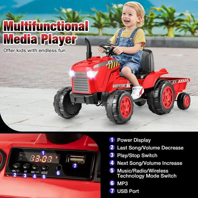Alt view image 4 of 7 - Costzon 2-in-1 Ride On Tractor, 12V Kids Ride on Car w/Detachable Trailer, Remote Control, Wireless Connection, Horn, Music, Lights, Spring Suspensions, Tractor Toys for Kids 3-8 (Red)