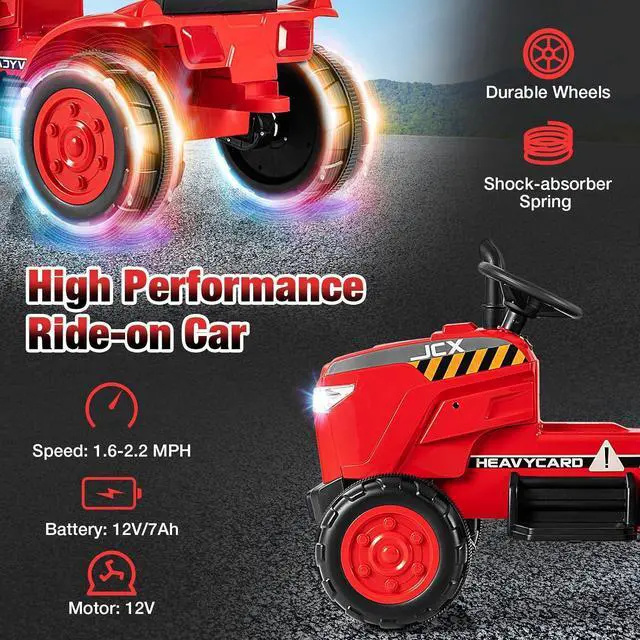 Alt view image 5 of 7 - Costzon 2-in-1 Ride On Tractor, 12V Kids Ride on Car w/Detachable Trailer, Remote Control, Wireless Connection, Horn, Music, Lights, Spring Suspensions, Tractor Toys for Kids 3-8 (Red)
